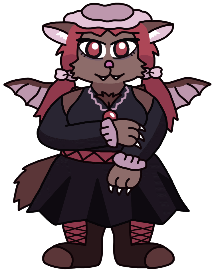 An anthropomorphic bat-like lady giving the viewer an intimidating look with her sharp red eyes and bared claws. She wears a floppy mob cap, a black shoulderless top with pink ruffled cuffs, a belted skirt, and big lace-up boots. An anthropomorphic bat-like lady giving the viewer an intimidating look with her sharp red eyes and bared claws. She wears a floppy mob cap, a black shoulderless top with pink ruffled cuffs, a belted skirt, and big lace-up boots.