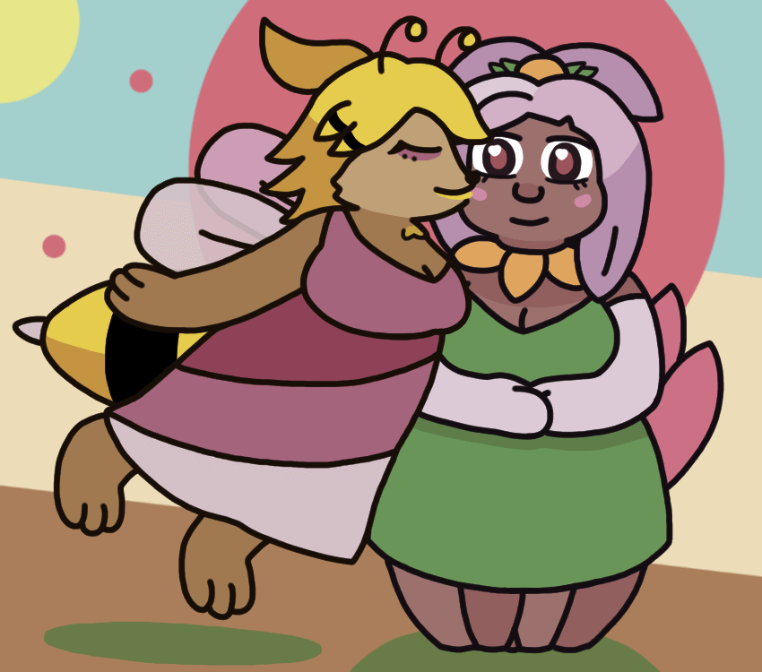 An anthropomorphic, fairy-like bee girl hovering in the air and kissing the cheek of a blushing anthropomorphic flower girl. The bee has antennae, a typical bee abdomen in back, yellow and black lipstick, and a loose dress. The flower girl has lavender-pink hair that's leaf-like in places, petals around her neck and behind her back, and numerous root "legs" that stick into the ground.