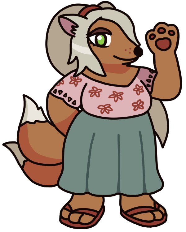 An anthropomorphic fox woman with silvery blonde hair and two tails, raising a paw as if greeting the viewer. She has her hair tied up in a long ponytail swooping behind her, and wears a pink flower-patterned top, long skirt, and sandals.