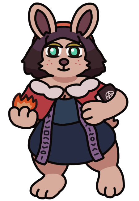 An anthropomorphic bunny woman with tired eyes, cradling a magic book in one arm, holding a flame in her open paw, and leaning forward on one foot. She wears a hairband, a short cape, and ribbons decorated with random shapes hanging down her dress.