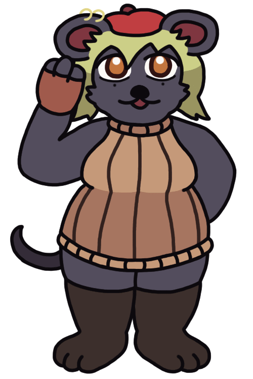 An anthropomorphic rat woman wearing a beret, fingerless gloves, and a sleeveless turtleneck, coolly holding a paw behind her back and scratching her head.