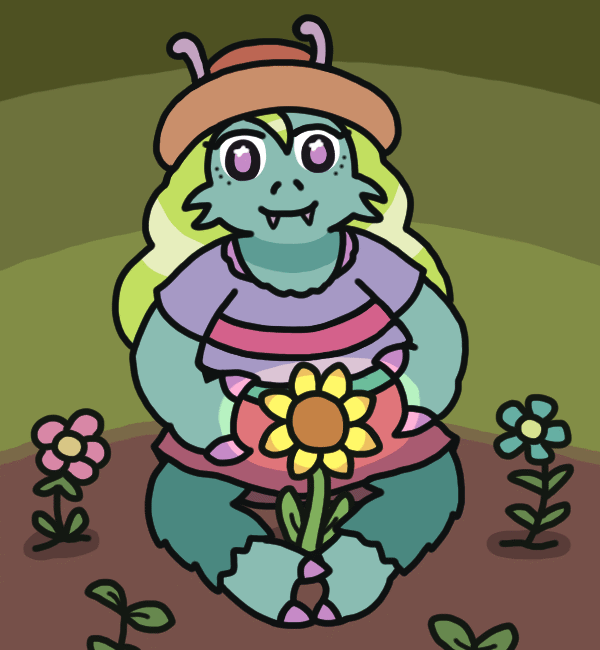 A woman with insect-like features such as antennae, fangs, and just two big opposable claws on her hands and feet. She sits in a patch of dirt where a variety of flowers are growing, her fuzzy legs bent around a sunflower which gives off a warm glow, and which her hands hover near. She wears a sunhat out of which flows billowing light-green hair.