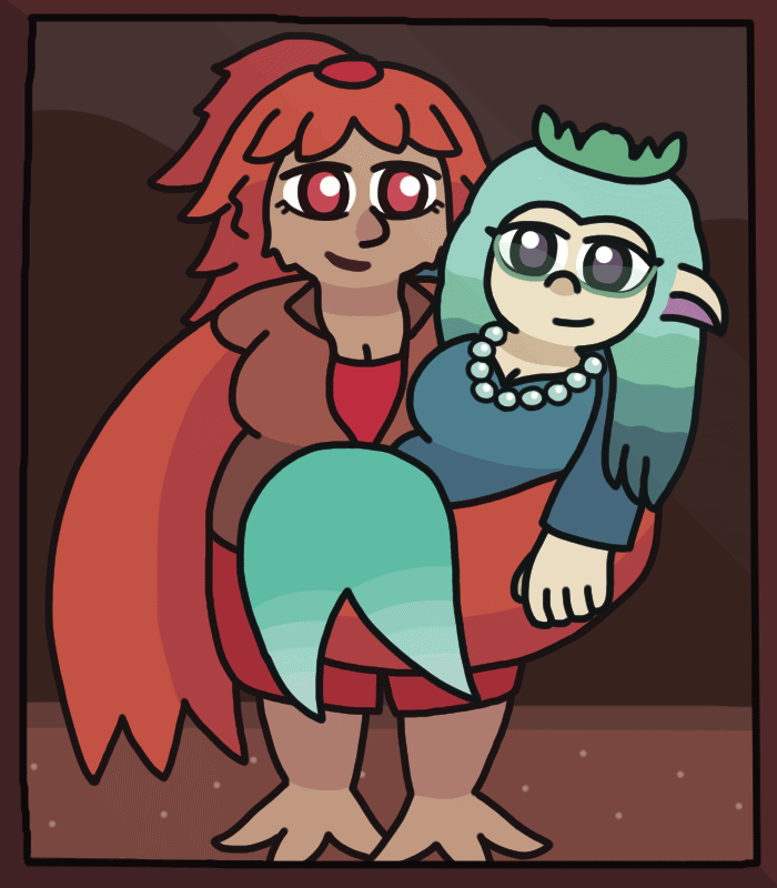 A framed photo of Harmony (AKA Har), a bird-woman, carrying her wife Irma, a mermaid, by cradling her in a large wing. Irma has one arm around Harmony's neck, and the other arm and her mermaid tail hang over the wing. Harmony wears a jacket over a red dress and has talon-like feet. Irma has drooping pointy ears, blue hair with a color gradient, and wears glasses, a tiara, and a pearl necklace. A framed photo of Harmony (AKA Har), a bird-woman, carrying her wife Irma, a mermaid, by cradling her in a large wing. Irma has one arm around Harmony's neck, and the other arm and her mermaid tail hang over the wing. Harmony wears a jacket over a red dress and has talon-like feet. Irma has drooping pointy ears, blue hair with a color gradient, and wears glasses, a tiara, and a pearl necklace.