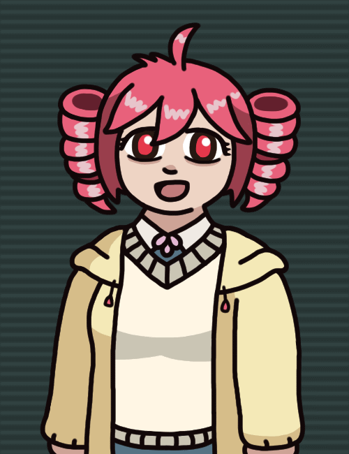 The UTAU Kasane Teto wearing the sweater-vest-and-hoodie outfit of Nanao from Robot Alchemic Drive, doing Nanao's open-mouthed happy expression with tired eyes.