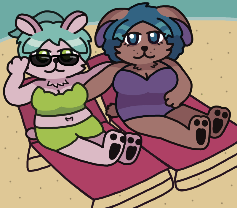 Two anthropomorphic bunny women sitting side by side in lounge chairs on the beach, each with an arm around the other. The nearer one, with small ears sticking up and a two-piece swimsuit, is lowering her sunglasses to look at the viewer. The other, with large droopy ears and a one-piece swimsuit, looks in her direction lovingly.