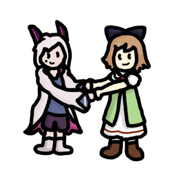 Nanashi from 1bitHeart and Pia from Faraway Story smiling and taking each others' hands.