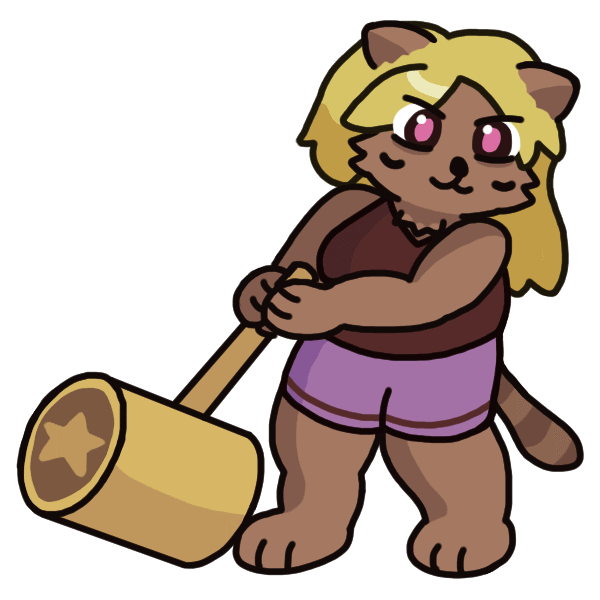 An anthropomorphic cat girl with blonde hair dragging along a cartoonishly large hammer with a star design on the head, as if about to give it a big swing with her entire body behind it. She smirks with a furrowed brow.