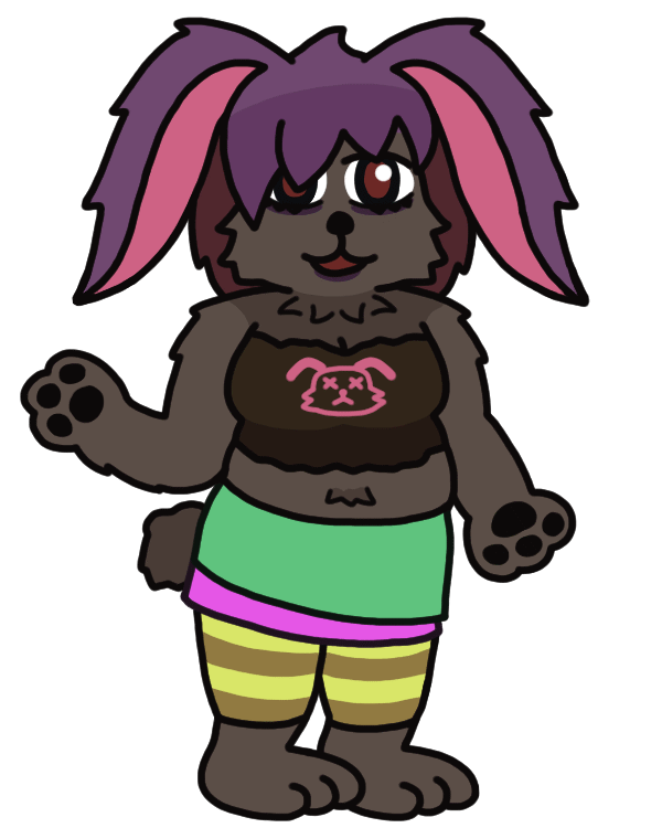An anthropomorphic rabbit girl with a messy punk-ish style. She has large ears hanging down on either side, bangs that mostly cover one eye, and purple eyeshadow and lipstick. She wears a black band T-shirt that's been sloppily cut up into more of a tube top, with a pink logo of a dead rabbit on it. She also has two layered skirts and striped leggings with bright neon colors. An anthropomorphic rabbit girl with a messy punk-ish style. She has large ears hanging down on either side, bangs that mostly cover one eye, and purple eyeshadow and lipstick. She wears a black band T-shirt that's been sloppily cut up into more of a tube top, with a pink logo of a dead rabbit on it. She also has two layered skirts and striped leggings with bright neon colors.
