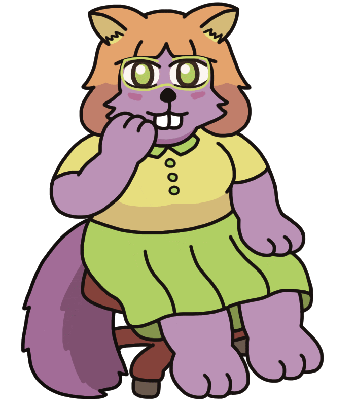 An anthropomorphic squirrel-like woman, sitting on a wheeled office chair and blushing with a paw to her face. She has prominent buck-teeth, glasses, and a brightly-colored buttoned shirt and long skirt. An anthropomorphic squirrel-like woman, sitting on a wheeled office chair and blushing with a paw to her face. She has prominent buck-teeth, glasses, and a brightly-colored buttoned shirt and long skirt.
