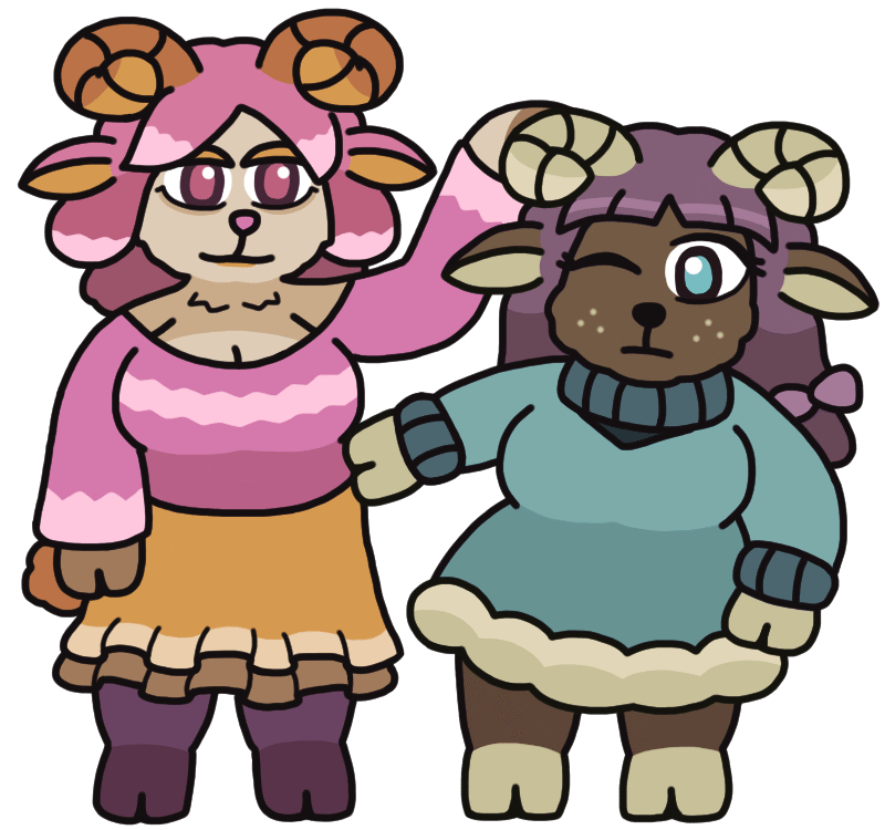 Two anthropomorphic sheep girls with curly horns, who are sisters. The big sister teasingly pats her short sister's head, to her annoyance. The big sister has a droopy-eyed smile and wears a loose pink sweater, a frilly skirt, and stockings fully covering her hooved legs. The little sister has one eye closed in annoyance, is bundled up in a fluffy coat, and lightly jabs her sister in the belly. Two anthropomorphic sheep girls with curly horns, who are sisters. The big sister teasingly pats her short sister's head, to her annoyance. The big sister has a droopy-eyed smile and wears a loose pink sweater, a frilly skirt, and stockings fully covering her hooved legs. The little sister has one eye closed in annoyance, is bundled up in a fluffy coat, and lightly jabs her sister in the belly.