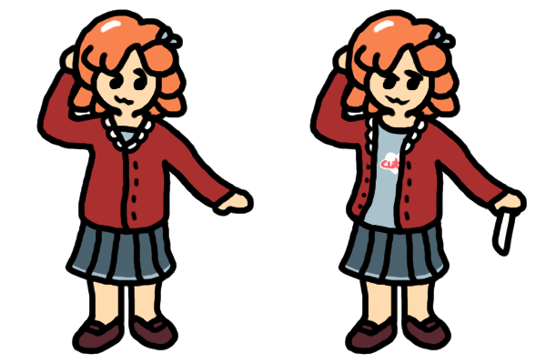 Unit 03 from Spare Parts posing with a :3 face. Next to this is an edit in which her sweater is pulled back to only half-reveal the "cutie" shirt she wears underneath such that it says "cut," she holds a knife in her hand, and she has more of a >:3 face. Unit 03 from Spare Parts posing with a :3 face. Next to this is an edit in which her sweater is pulled back to only half-reveal the "cutie" shirt she wears underneath such that it says "cut," she holds a knife in her hand, and she has more of a >:3 face.