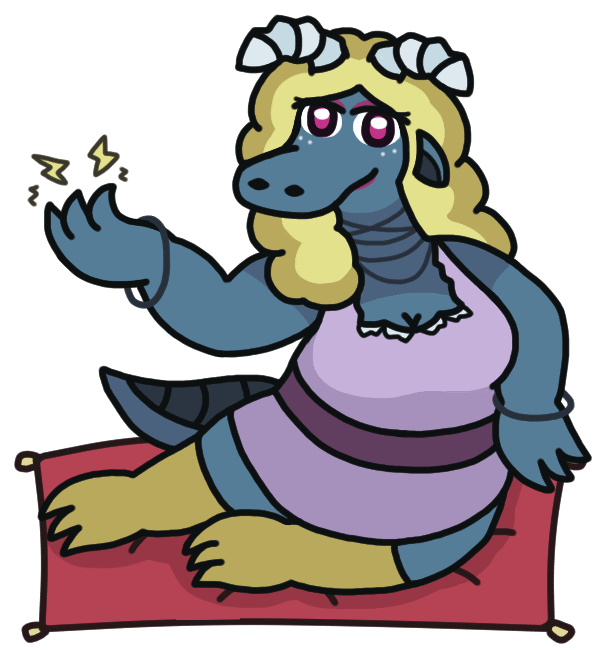 An anthropomorphic blue dragon woman with jagged horns and billowy blonde hair, posing enticingly on a cushion and creating sparks from one of her claws. She wears a gown with a sash, numerous necklaces around her long neck, and loose bracelets on her wrists. An anthropomorphic blue dragon woman with jagged horns and billowy blonde hair, posing enticingly on a cushion and creating sparks from one of her claws. She wears a gown with a sash, numerous necklaces around her long neck, and loose bracelets on her wrists.