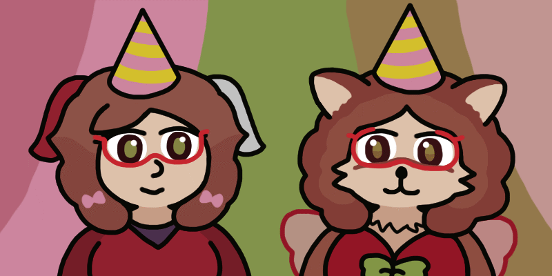 vghime (me) and Velvette (my fursona) wearing party hats and looking at each other. Velvette is a furry creature with cat-like ears, floofy hair, and fairy wings. vghime is a human creature with red and white ribbons in her hair.
